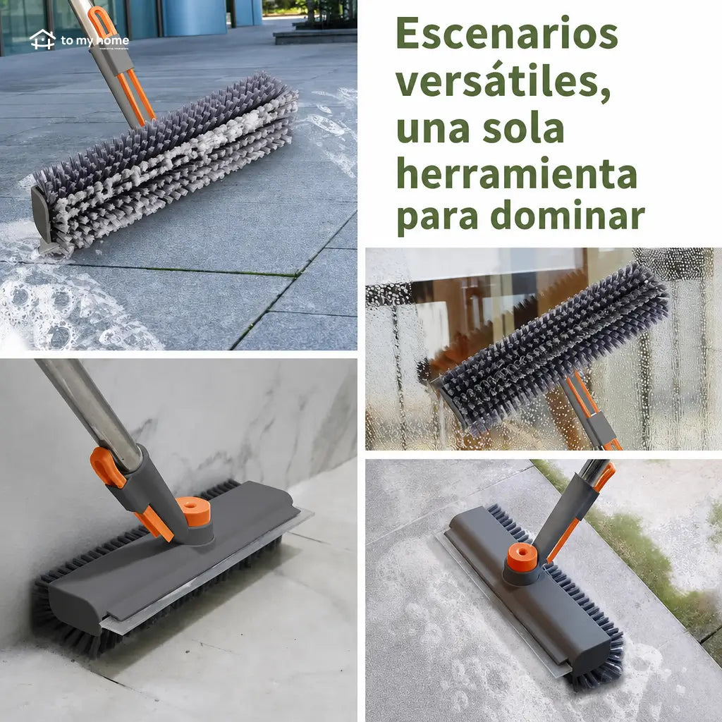 Cepillo limpiador de pisos 3 en 1 con mango ajustable, cerdas rígidas y jalador para baño, cocina, patio y cochera