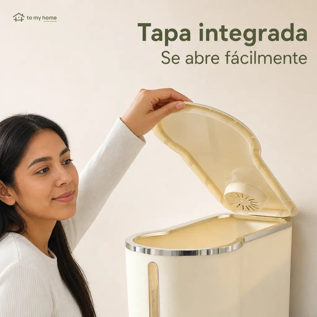 Dispensador hermético de arroz con taza medidora y protección contra insectos para cocina y despensa familiar ordenada de uso diario en casa