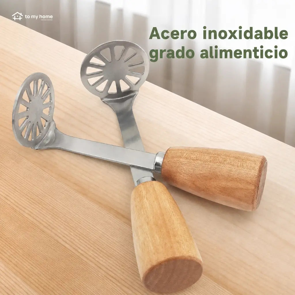 Set de 2 machacadores mini de acero inoxidable con mango de madera para papa, aguacate, frijoles y purés caseros en cocina diaria