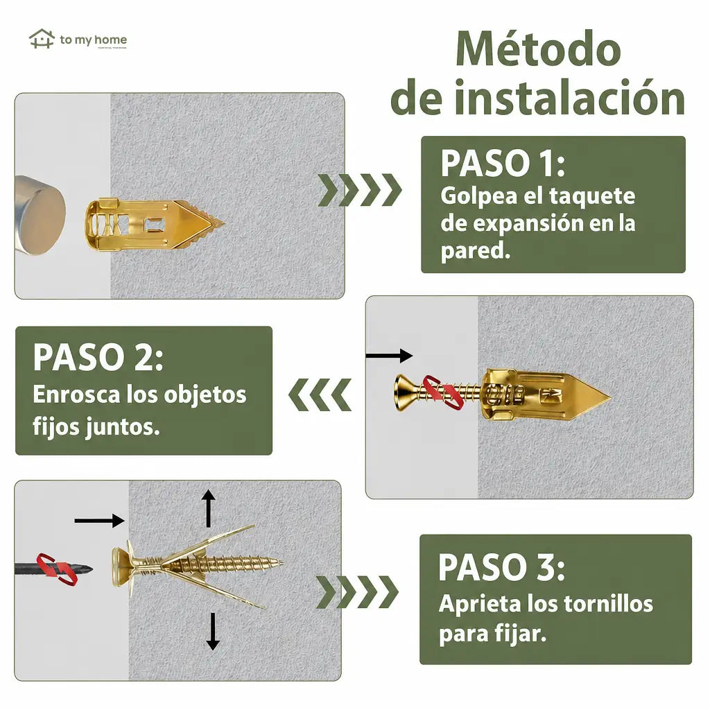 Anclajes metálicos con tornillos para tablaroca, instalación sin perforar para cuadros y estantes