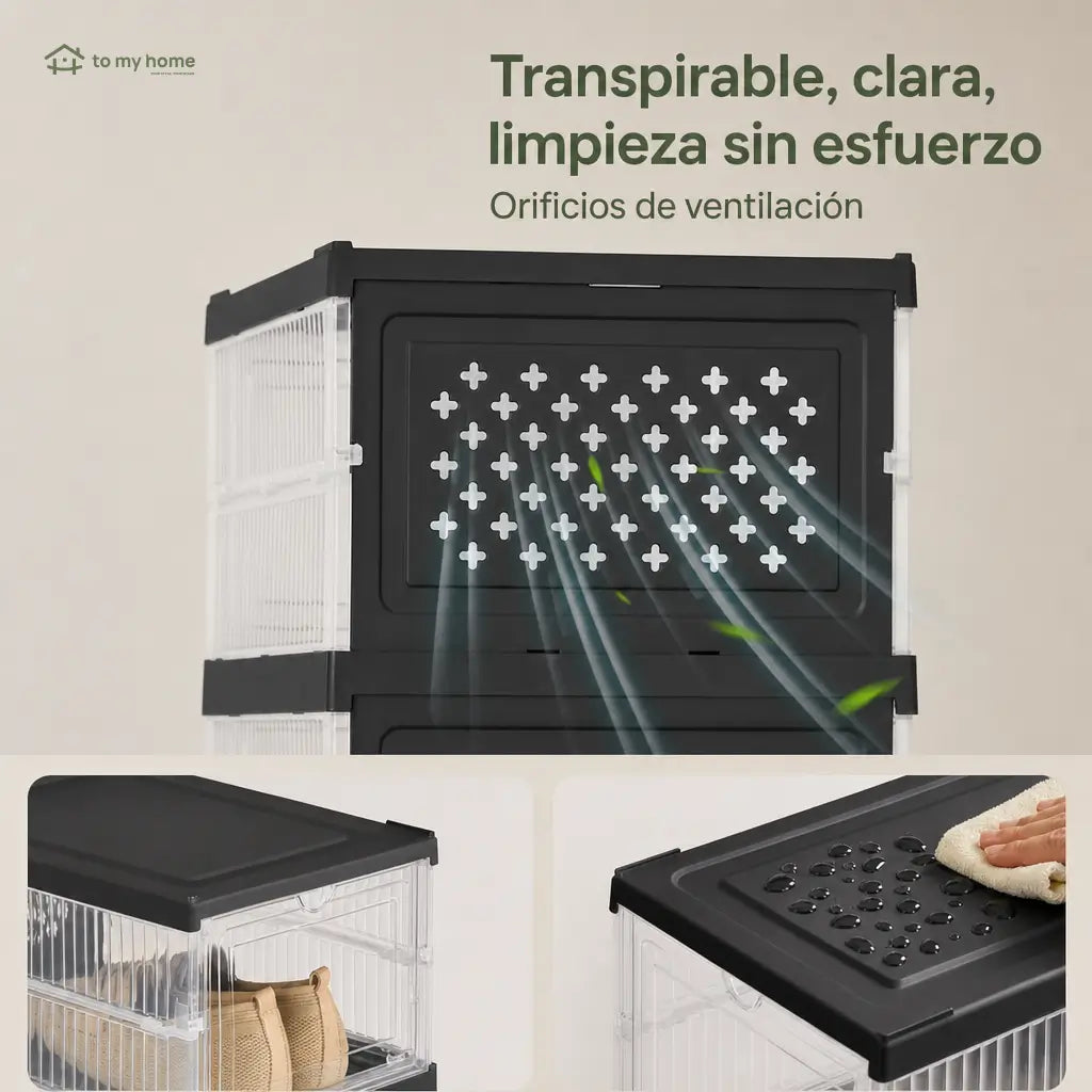 Zapatero plegable transparente con 6 cajas apilables para organizar tenis y zapatos hasta talla US 13 en clóset o entrada de casa