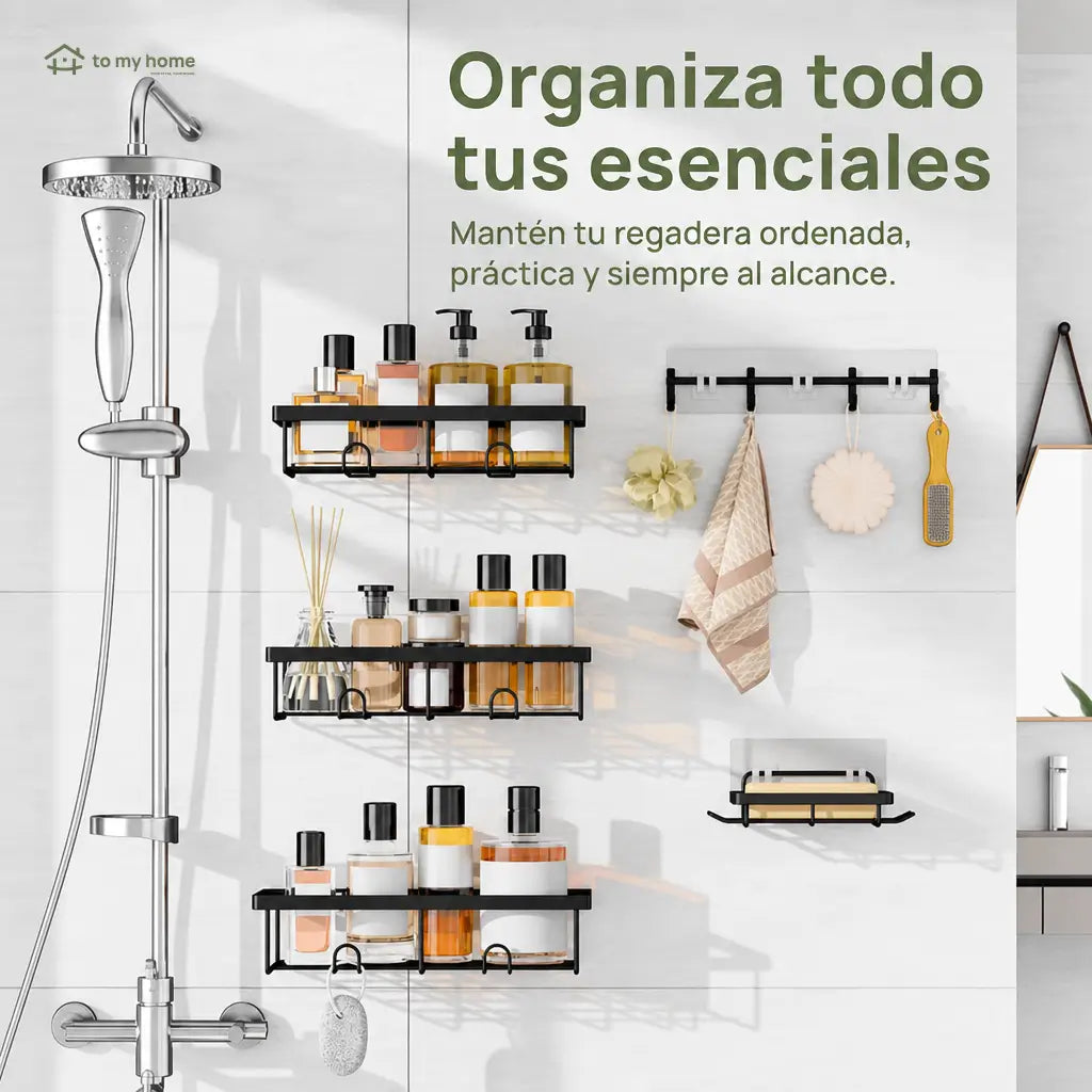 Organizador de regadera sin taladro set de 5 piezas, repisas negras antioxidantes con ganchos removibles para baño y cocina más ordenados