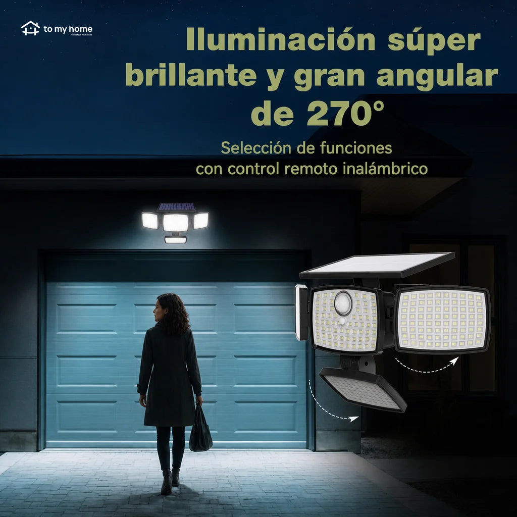 Lámpara solar exterior de pared 4500LM con sensor de movimiento y control remoto para patios, jardines y seguridad nocturna en casa