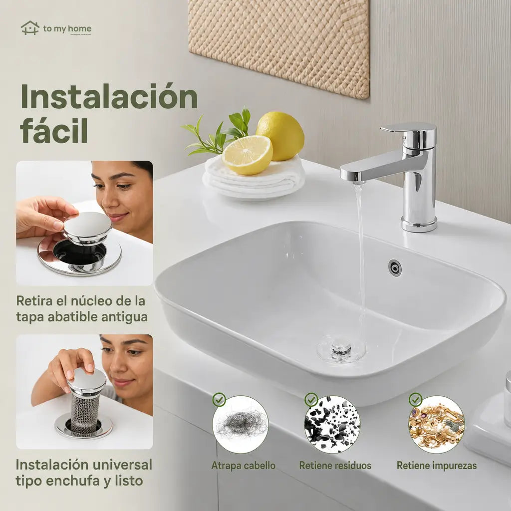 Tapón coladera universal 2 en 1 para lavabo, con canastilla removible de acero inoxidable contra cabello y malos olores