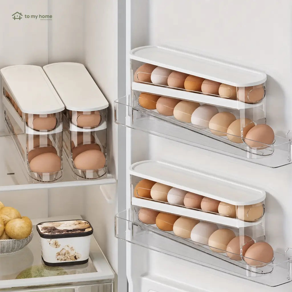 Organizador transparente para huevos apilable con diseño rodante, ahorra espacio y mantiene tu refrigerador más ordenado en la cocina diaria fácilmente