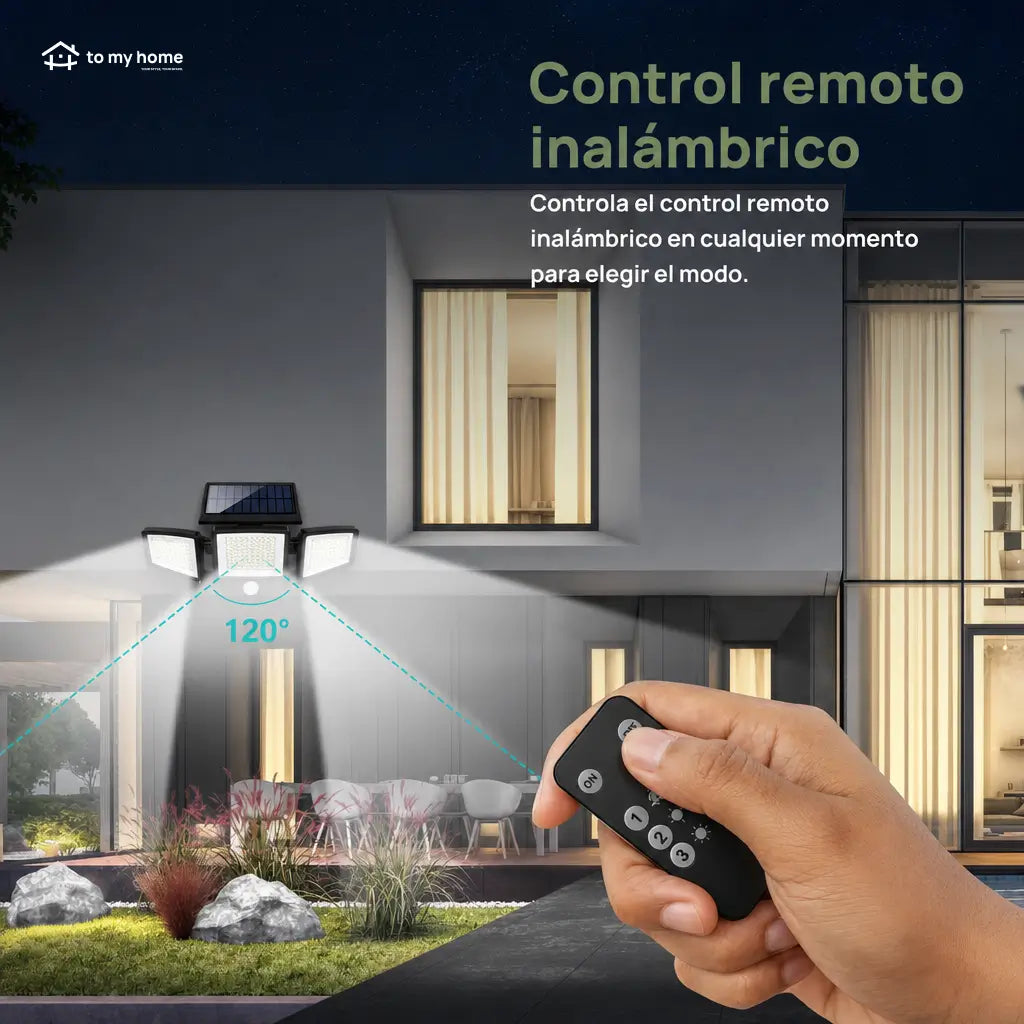 Lámpara solar exterior amplia de seguridad 2500LM con 3 cabezales, sensor de movimiento y control remoto para patio, cochera y jardín