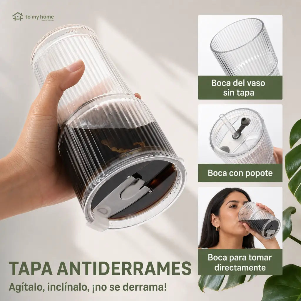 Set de 4 vasos de vidrio acanalado con tapa y popote reutilizable para café frío, smoothies y bebidas diarias sin derrames