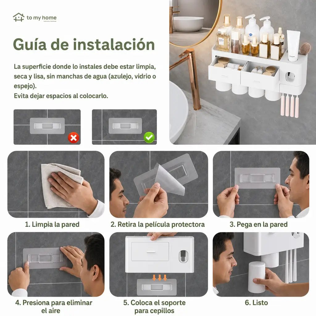 Soporte organizador para baño con dispensador automático doble, vasos invertidos y bandeja amplia para ahorrar espacio junto al lavabo cada mañana