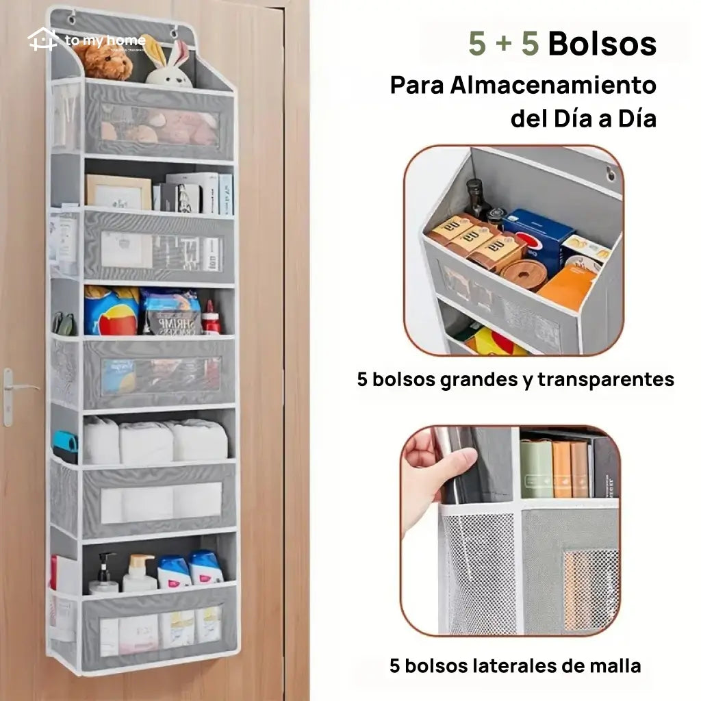 Organizador colgante para puerta de 5 niveles con 10 bolsillos grandes para baño, recámara, clóset y útiles escolares sin ocupar espacio extra