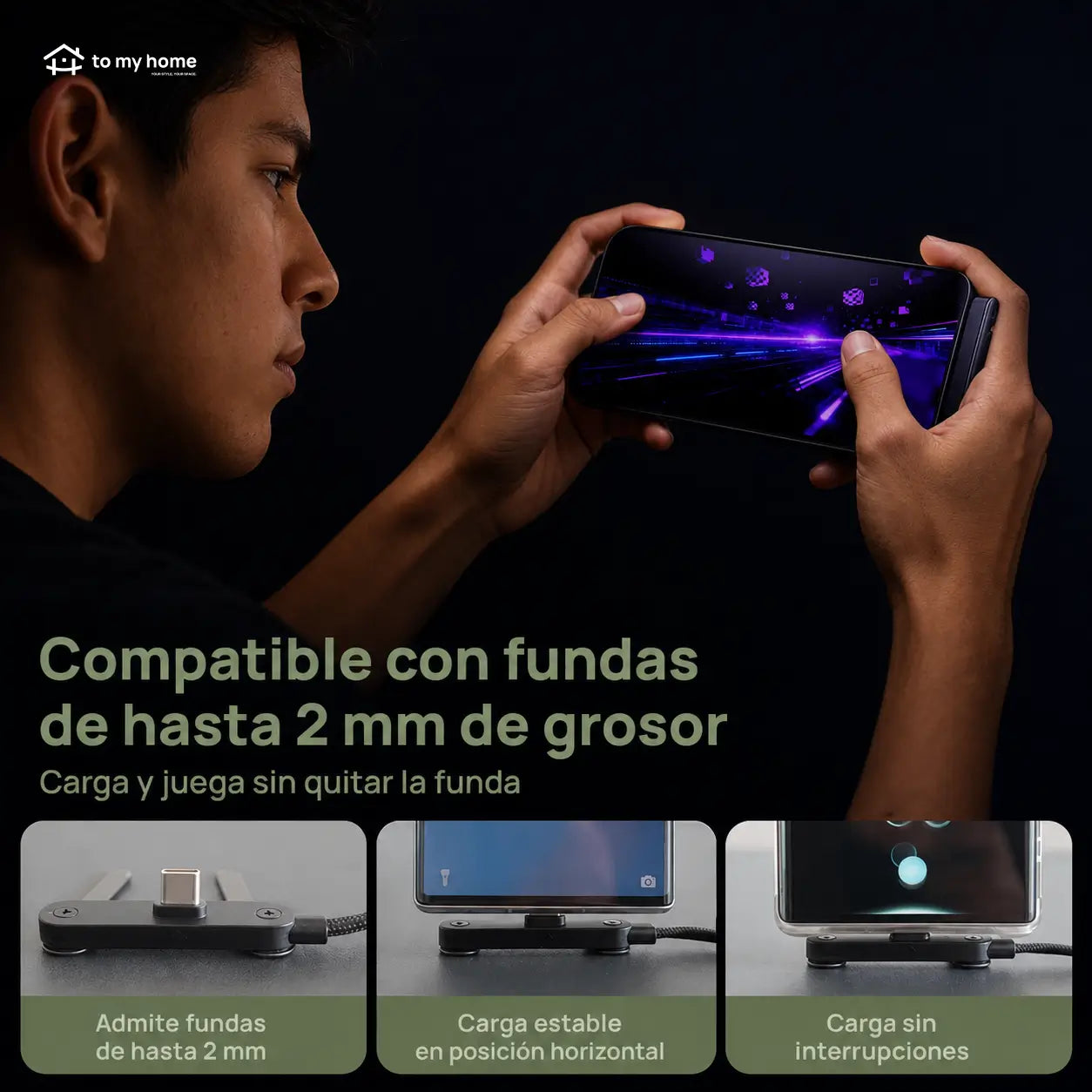 Cable USB-C 240W con soporte oculto, carga rápida y vista vertical u horizontal para celulares, tablets, laptops, gaming, oficina y viajes