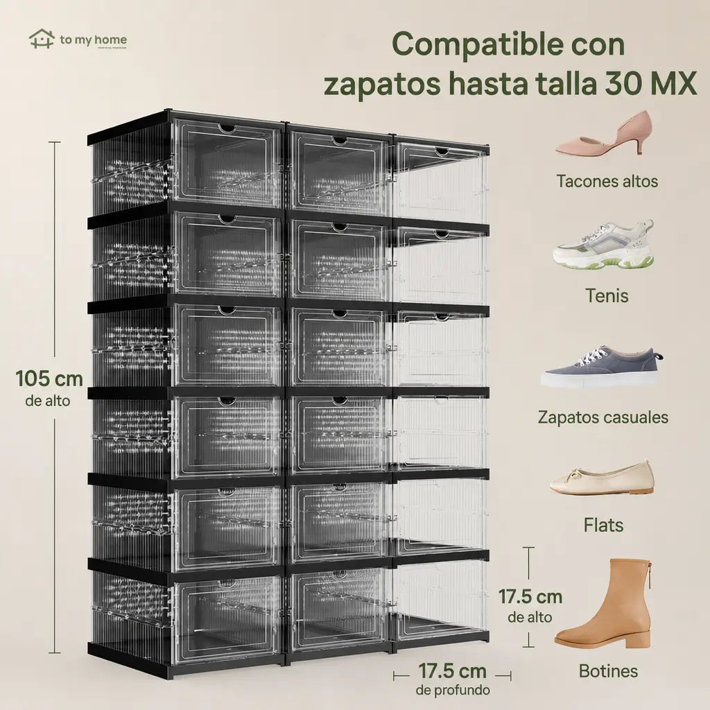 Zapatero plegable transparente con 6 cajas apilables para organizar tenis y zapatos hasta talla US 13 en clóset o entrada de casa