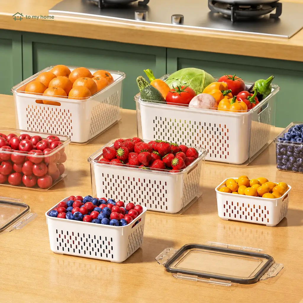 Set de 5 contenedores herméticos apilables con colador removible para frutas, verduras y comida fresca en refrigerador