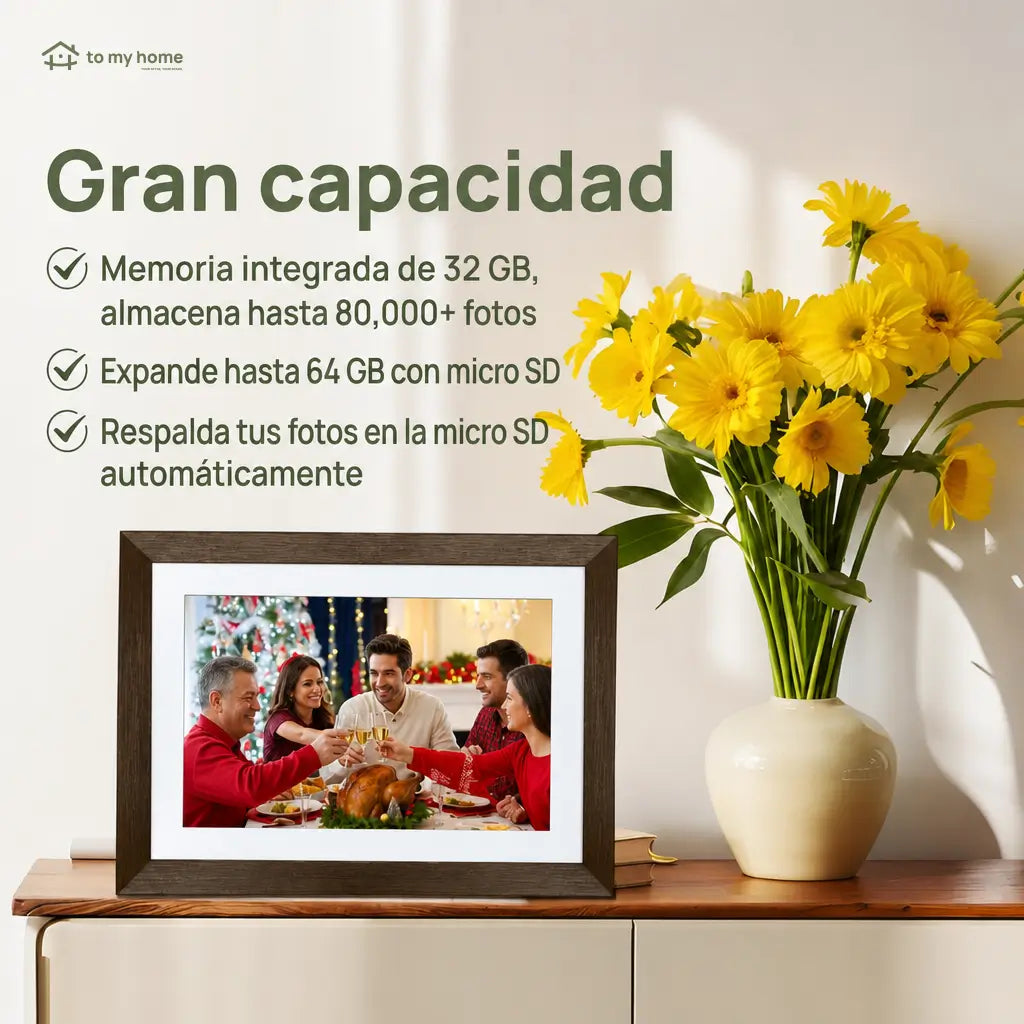 Marco digital para fotos de 10.1" con diseño decorativo de madera, memoria 32GB e instalación sencilla para casa u oficina moderna