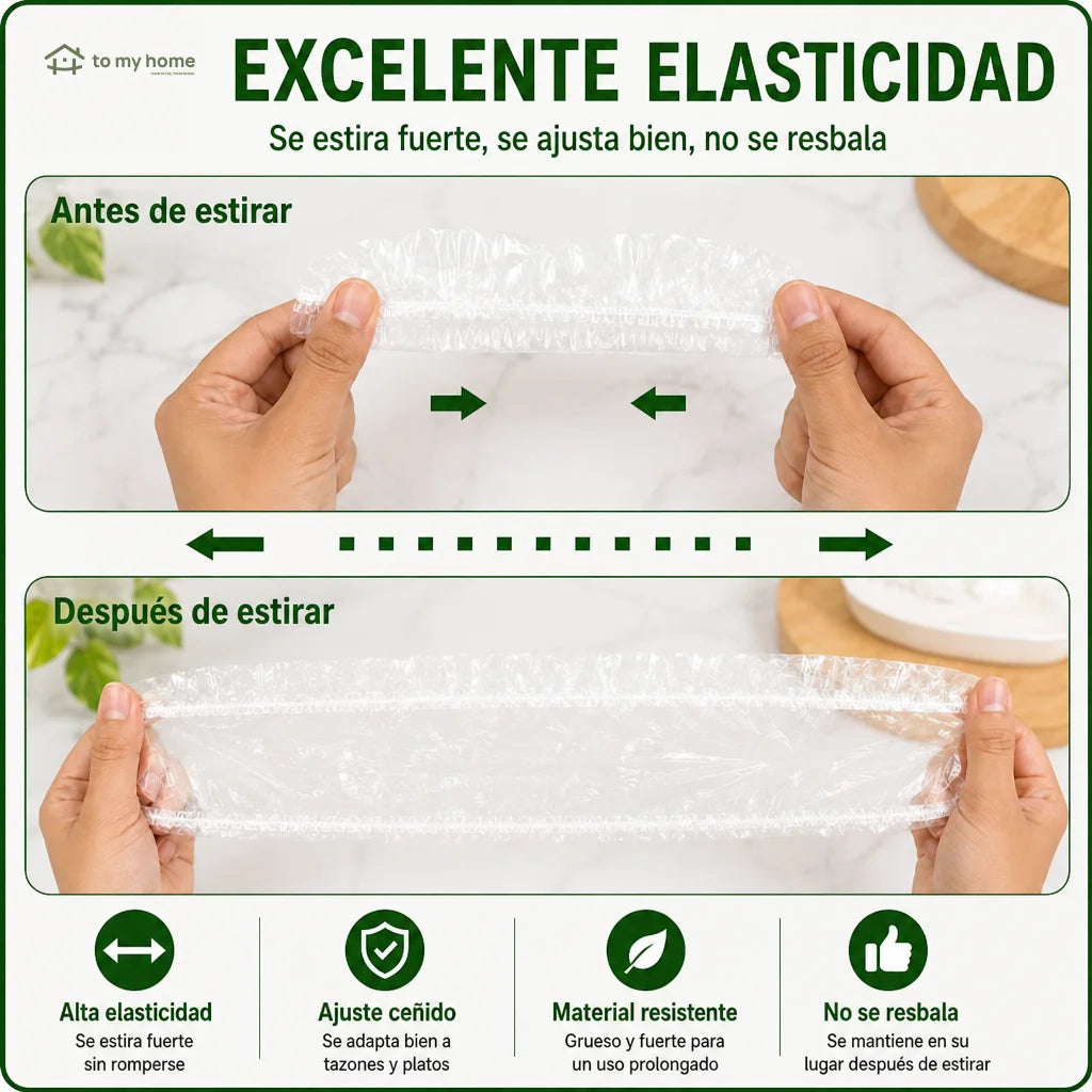 Cubiertas elásticas reutilizables para bowls, platos y recipientes, sin plástico adherente