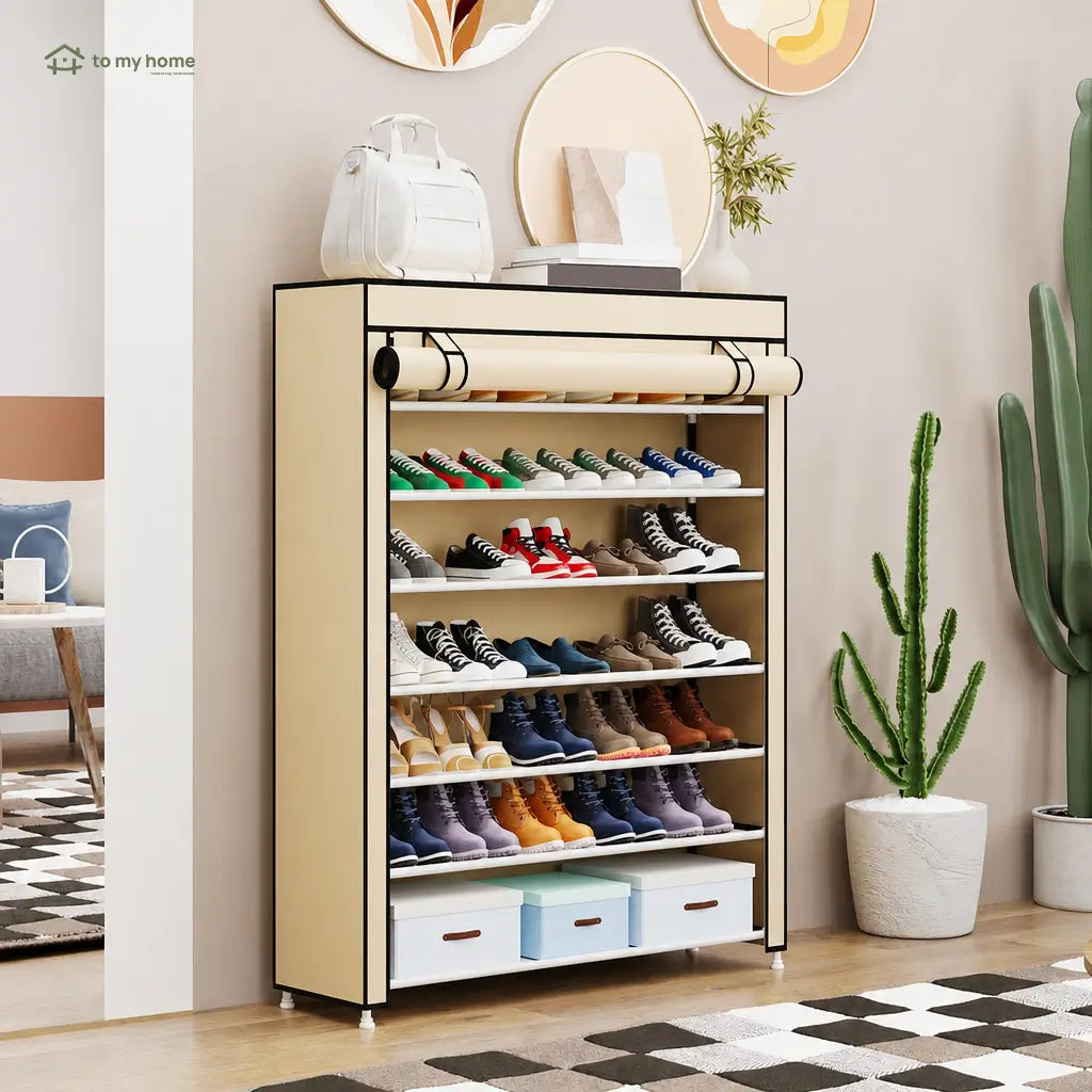 Zapatera vertical de 10 niveles con cubierta antipolvo, ajustable y compacta para organizar hasta 27 pares en casa sin ocupar mucho espacio
