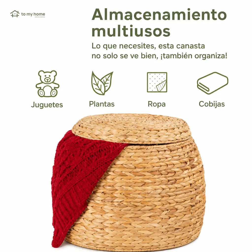 Cesto organizador multiusos de jacinto acuático con tapa y estructura reforzada para ordenar sala, recámara, entrada o cuarto infantil con estilo