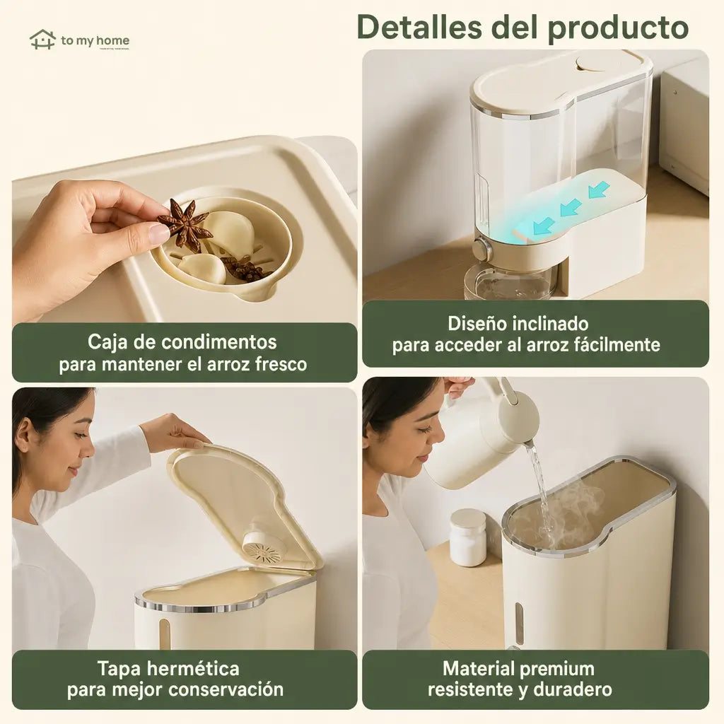 Dispensador hermético de arroz con taza medidora y protección contra insectos para cocina y despensa familiar ordenada de uso diario en casa