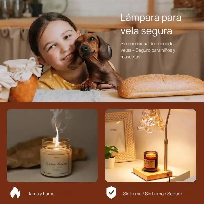 Lámpara calentadora de velas en forma de flor con dos focos, altura ajustable, temporizador y vidrio decorativo para ambiente romántico y cálido