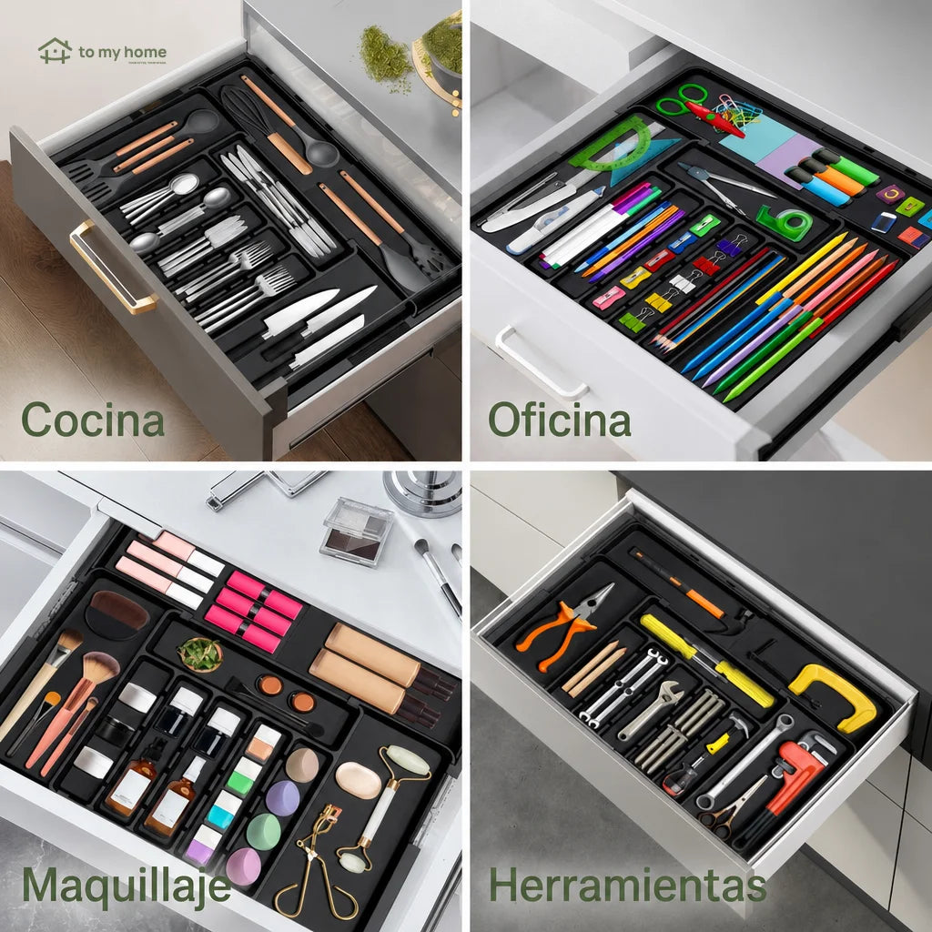 Organizador de cubiertos expandible con 9 compartimentos y base antideslizante para cajón