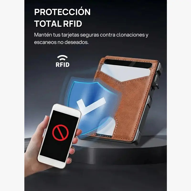 Cartera masculina slim minimalista de aluminio con bloqueo RFID, visor, clip para billetes, sistema pop-up y diseño compacto, segura, elegante y práctica para uso diario