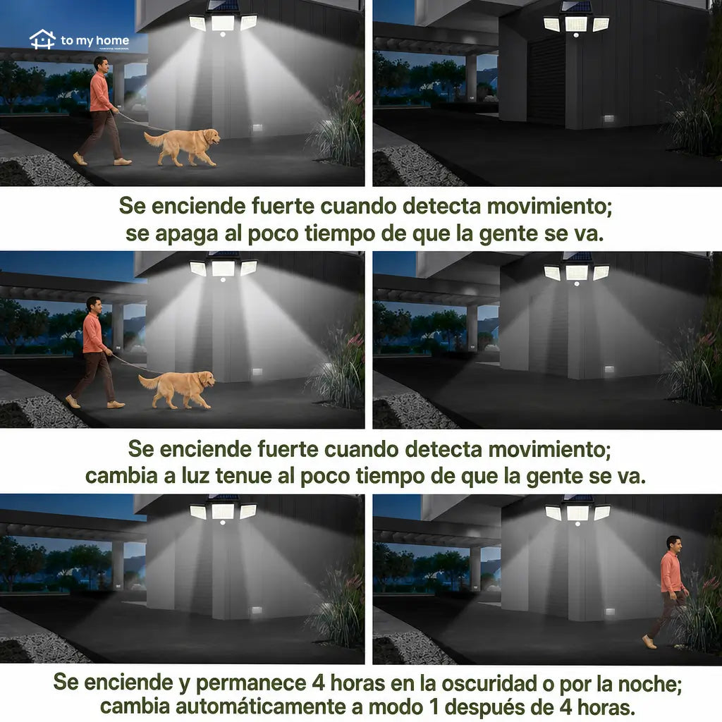 Lámpara solar exterior amplia de seguridad 2500LM con 3 cabezales, sensor de movimiento y control remoto para patio, cochera y jardín