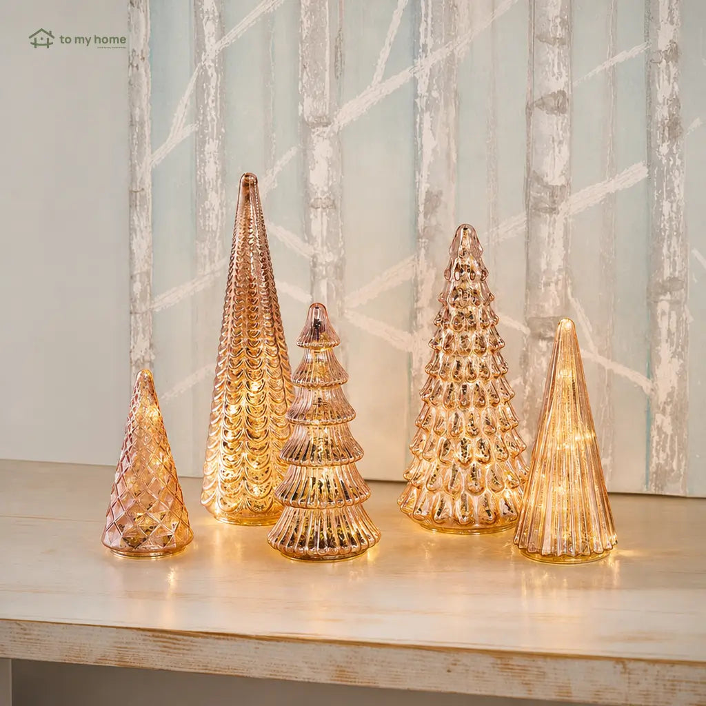 Set de 5 árboles decorativos iluminados de vidrio mercurizado con temporizador para centro de mesa navideño y repisas en tu hogar