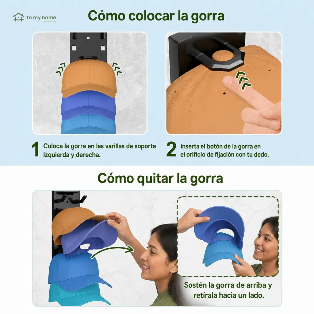 Organizador de gorras para pared, paquete de 2 con 18 espacios, instalación adhesiva o con tornillos para clóset y recámara ordenada