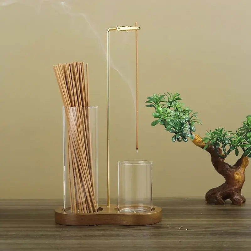 Porta incienso y vela 2 en 1 con base de madera, colector de cenizas en vidrio y difusor aromático decorativo, elegante y funcional para hogar