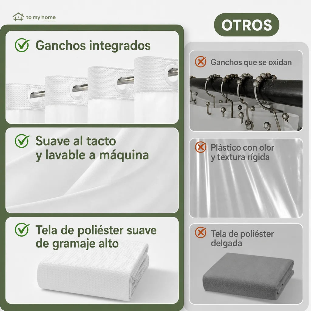 Cortina de baño doble capa impermeable con forro ajustable a presión, diseño waffle moderno para renovar tu regadera sin complicarte la instalación diaria