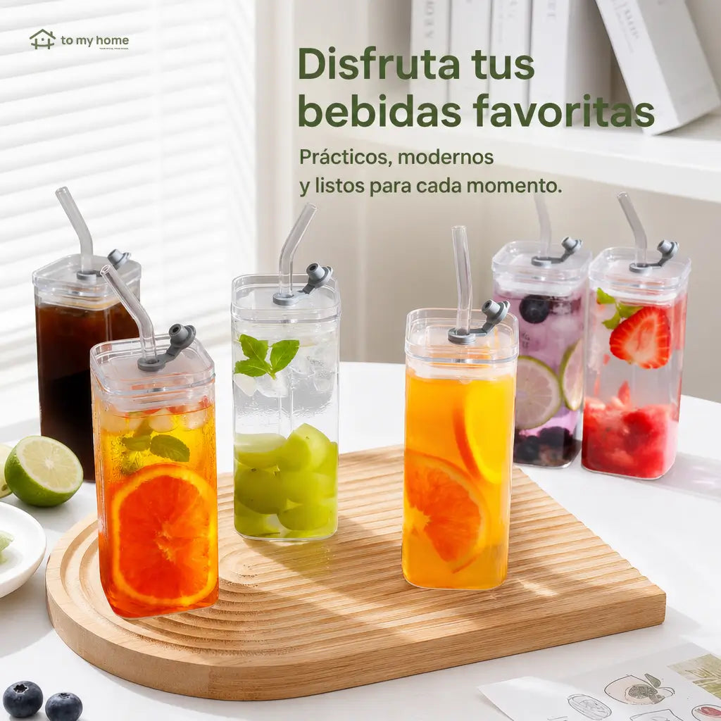 Set de 4 vasos de vidrio cuadrados con tapa y popote, 350 ml, para café frío, jugos y cocteles en casa u oficina