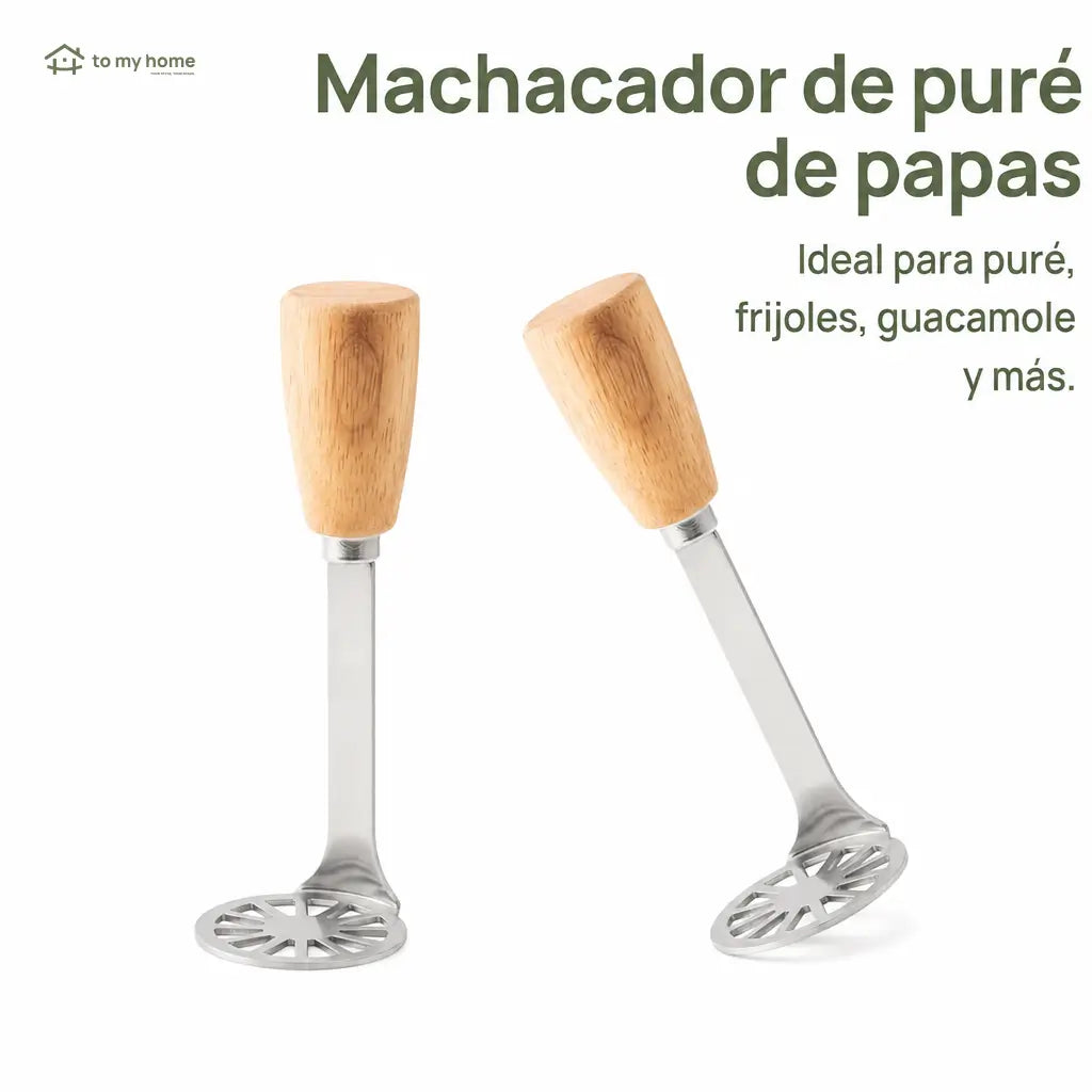 Set de 2 machacadores mini de acero inoxidable con mango de madera para papa, aguacate, frijoles y purés caseros en cocina diaria