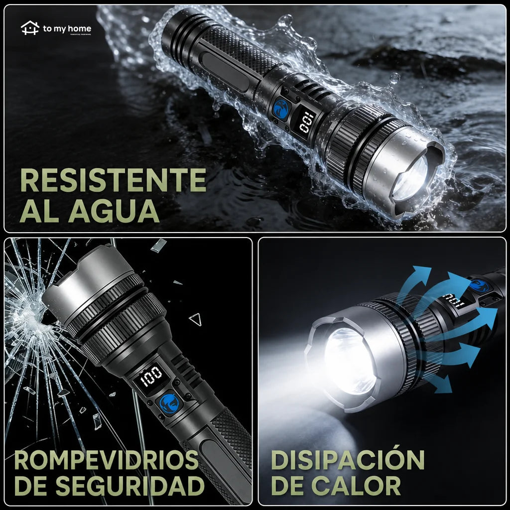 Linterna LED recargable de 2200 lúmenes con power bank, zoom ajustable, pantalla digital y resistencia al agua para camping y emergencias
