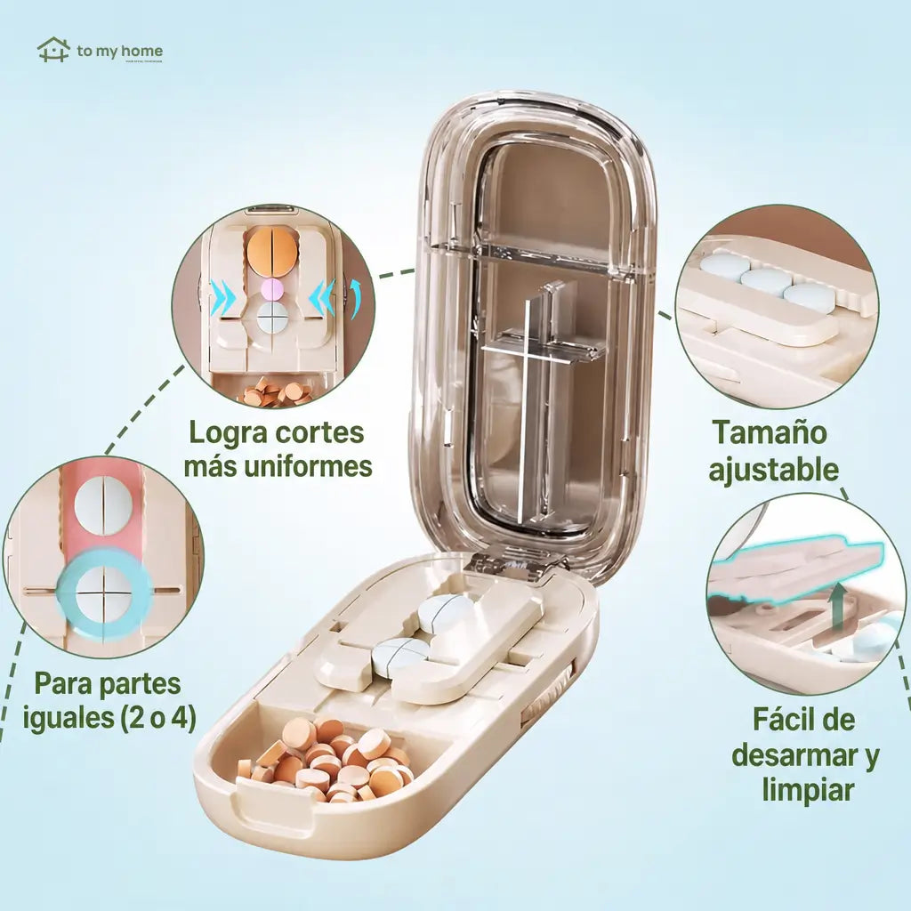 Cortador de pastillas ajustable con guía precisa, cuchilla de acero inoxidable y protector transparente para tabletas pequeñas en casa o de viaje