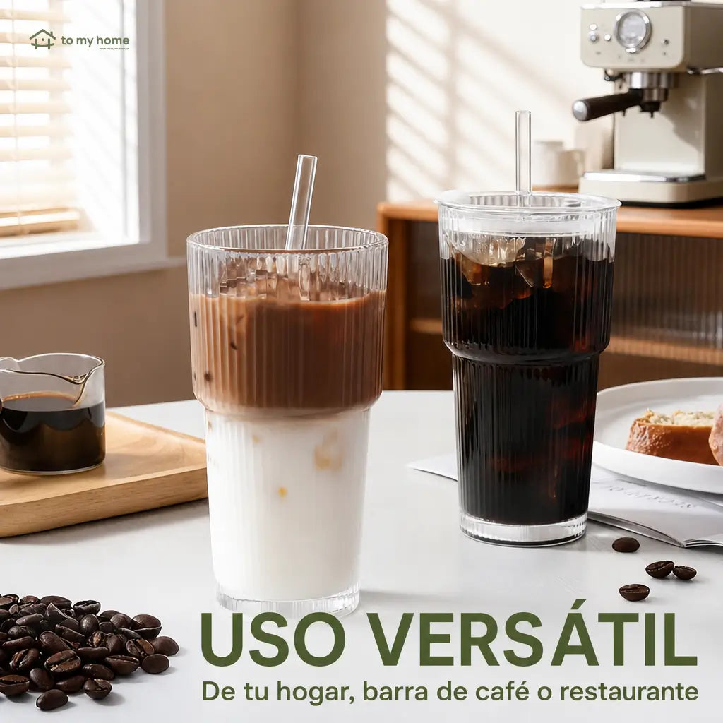 Set de 4 vasos de vidrio acanalado con tapa y popote reutilizable para café frío, smoothies y bebidas diarias sin derrames