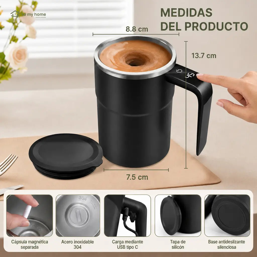 Taza mezcladora automática recargable con agitador magnético y termómetro LCD para café, leche y bebidas sin usar cuchara