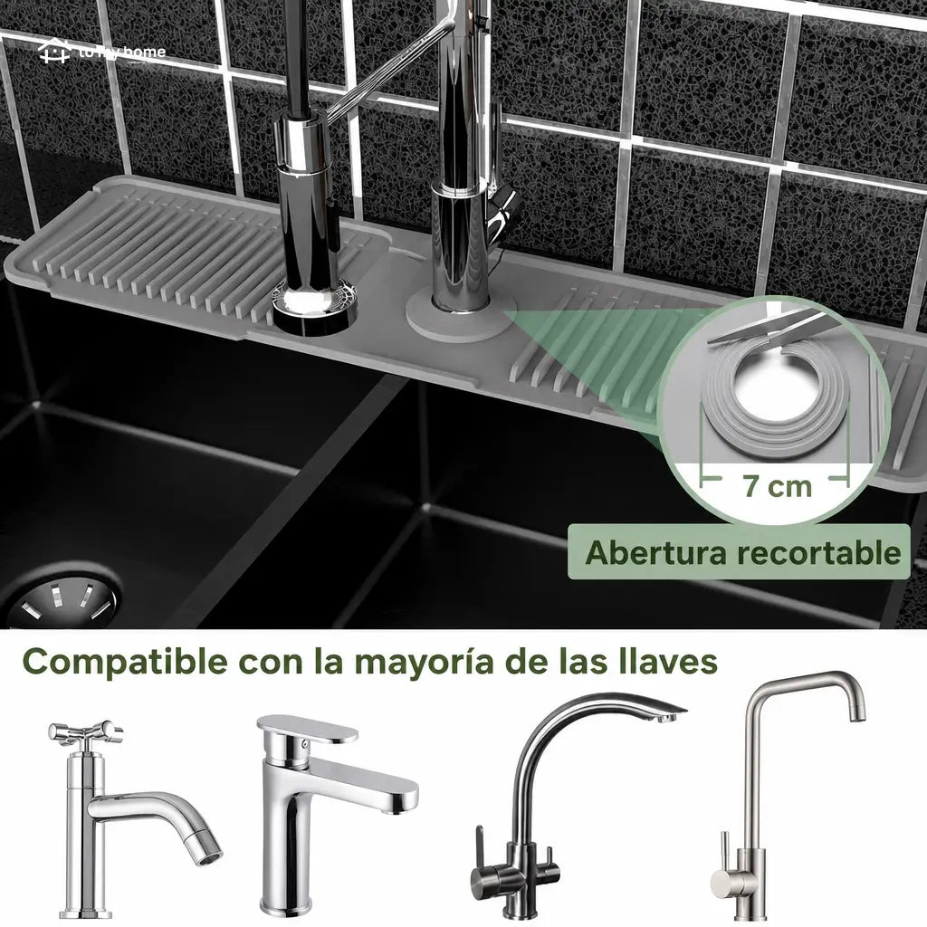 Tapete de silicón para grifo con drenado automático y seguro de botón para mantener seca tu tarja de cocina sin salpicaduras
