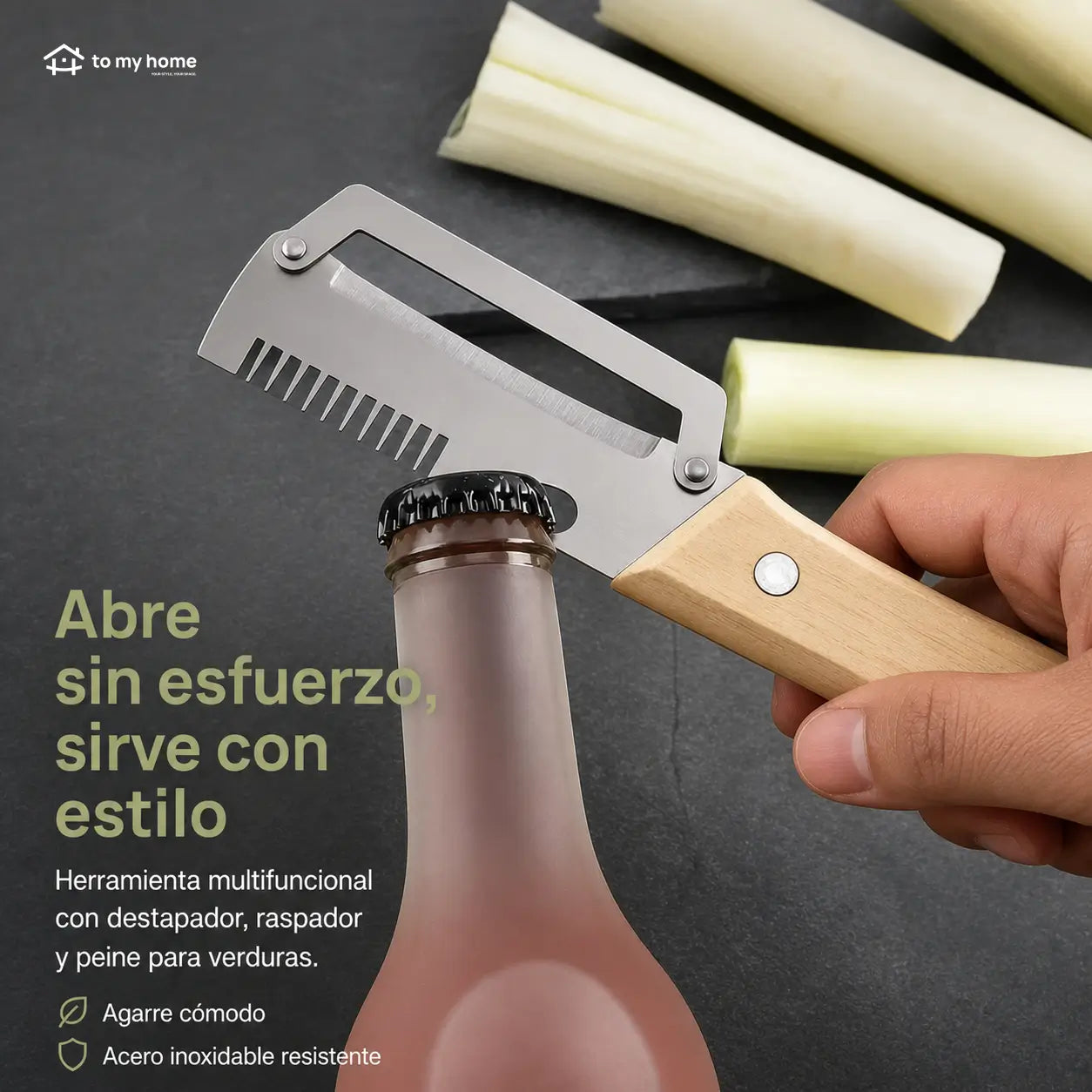 Pelador de Verduras Multifuncional Acero Inoxidable Mango de Madera y Abrebotellas Integrado Ideal para Frutas o Vegetales en Cocina de Casa (Paquete 2 Piezas)