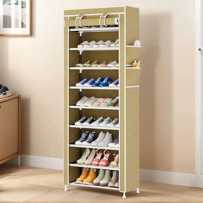 Zapatera organizadora de 10 niveles con 9 compartimentos y funda antipolvo para almacenamiento de calzado doméstico en espacios del hogar