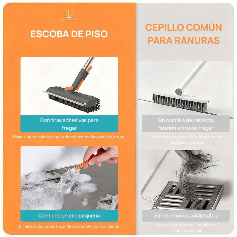 Cepillo de limpieza 3 en 1 para pisos con mango largo y cerdas rígidas, ideal para baño, ducha, garage y terrazas con resistencia total
