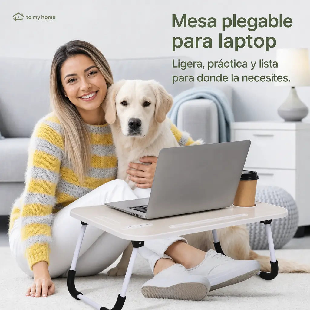 Mesa plegable para laptop con 4 puertos USB, cajón y portavasos para trabajar, leer o estudiar cómodo en cama o sofá
