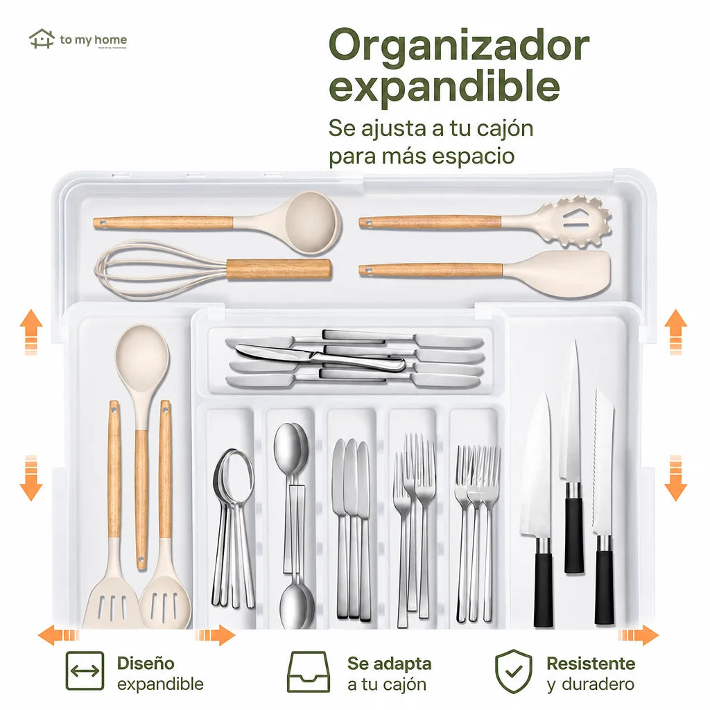 Organizador de cubiertos expandible con 9 compartimentos y base antideslizante para cajón