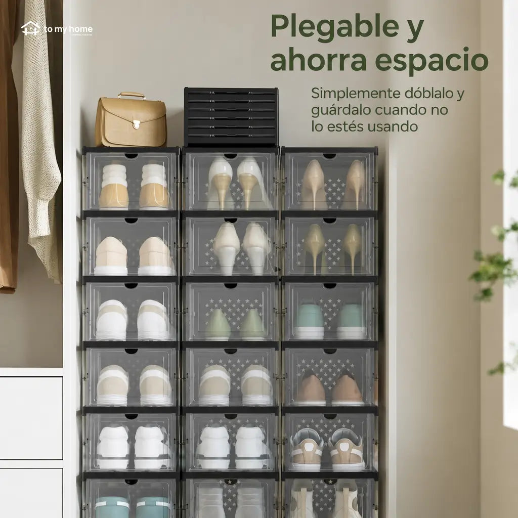 Zapatero plegable transparente con 6 cajas apilables para organizar tenis y zapatos hasta talla US 13 en clóset o entrada de casa