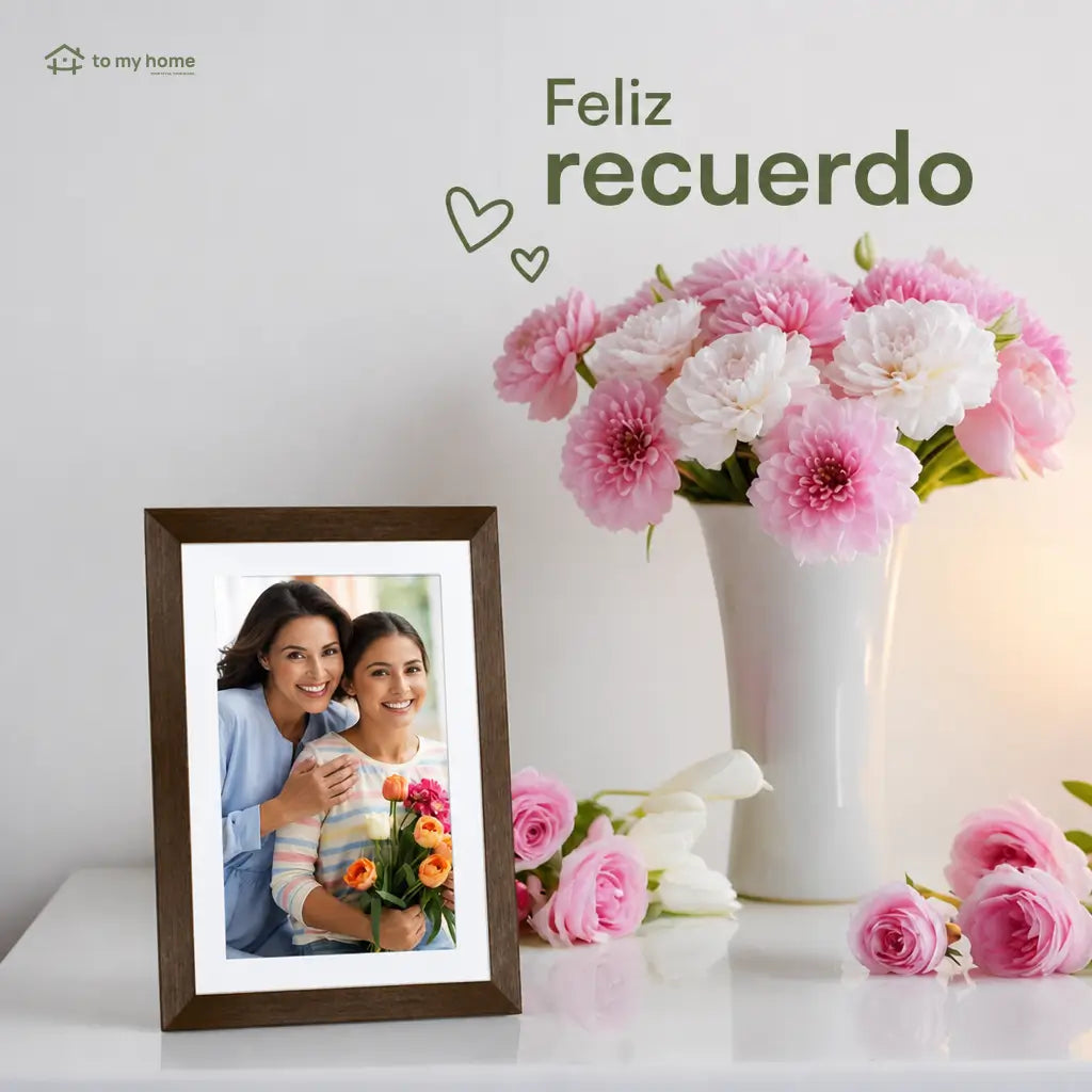 Marco digital para fotos de 10.1" con diseño decorativo de madera, memoria 32GB e instalación sencilla para casa u oficina moderna