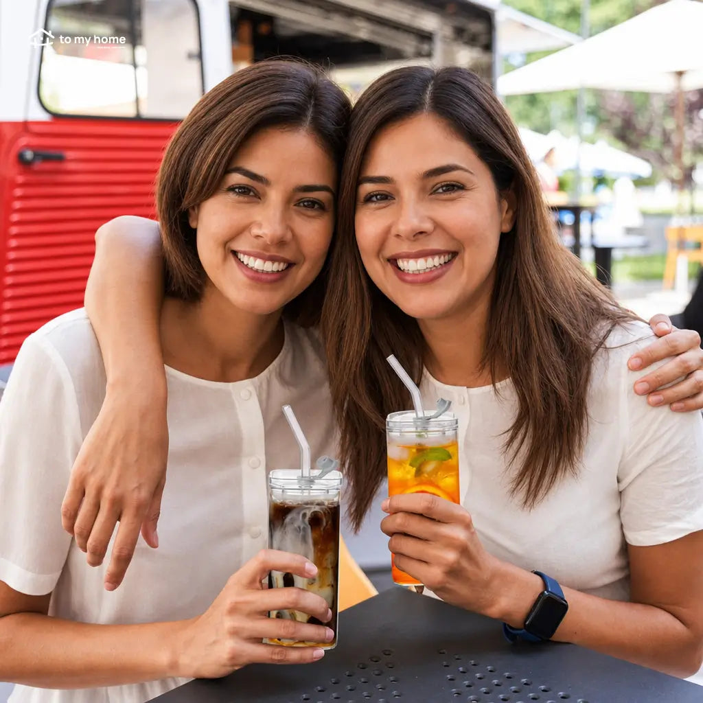 Set de 4 vasos de vidrio cuadrados con tapa y popote, 350 ml, para café frío, jugos y cocteles en casa u oficina