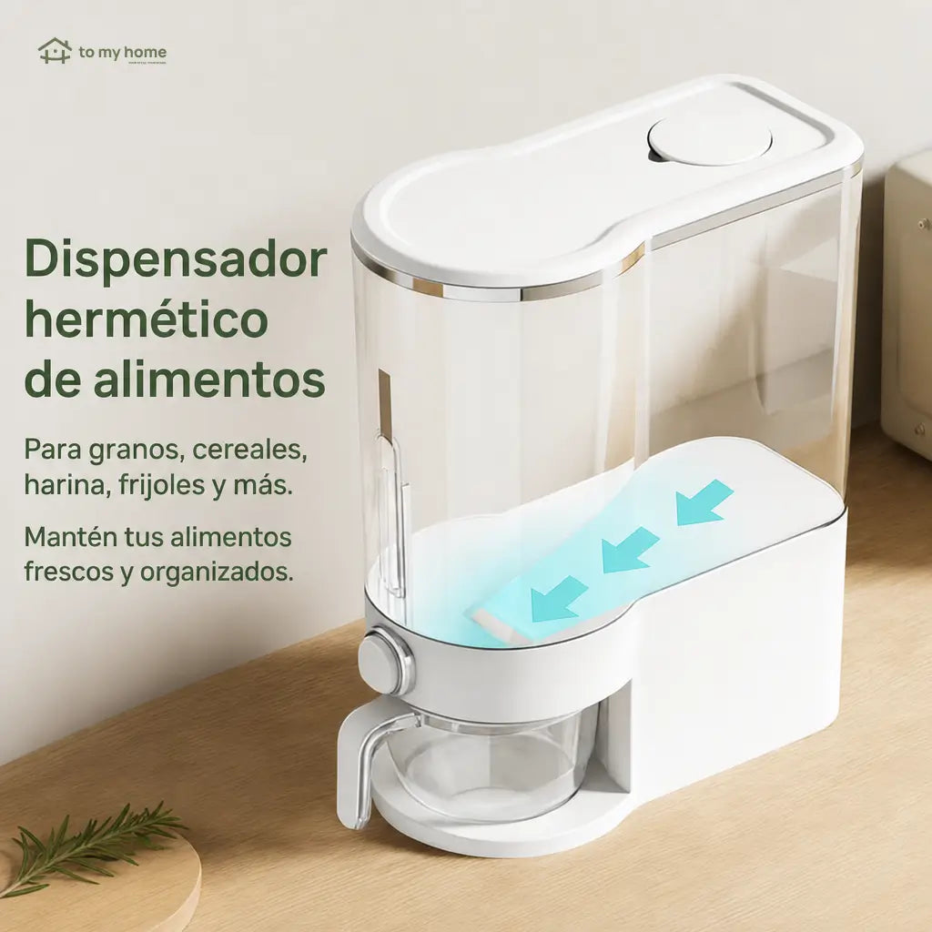 Dispensador hermético de arroz con taza medidora y protección contra insectos para cocina y despensa familiar ordenada de uso diario en casa