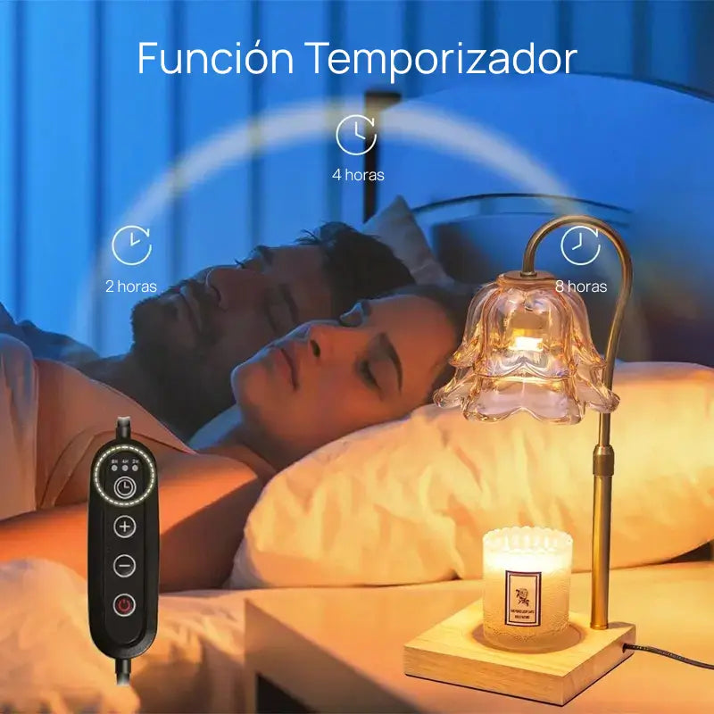 Lámpara calentadora de velas en forma de flor con dos focos, altura ajustable, temporizador y vidrio decorativo para ambiente romántico y cálido