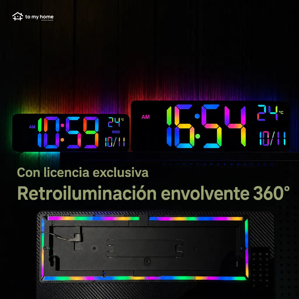 Reloj digital de pared LED 16.5 pulgadas con luz RGB, Bluetooth y alarmas dobles para sala, oficina, cocina o setup gamer