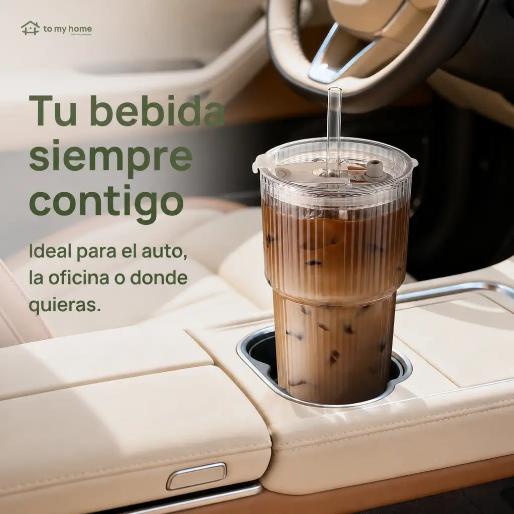 Set de 4 vasos de vidrio acanalado con tapa y popote reutilizable para café frío, smoothies y bebidas diarias sin derrames