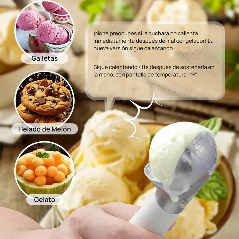 Cuchara eléctrica calentadora para helado, recargable en acero inoxidable, display LED, calentamiento rápido, uso seguro, perfecta para servir postres, helados y cremas