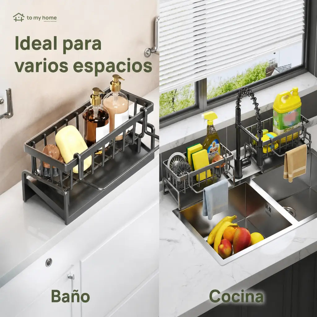 Organizador metálico para tarja con porta cepillo alto y divisores, ideal para esponjas, jabón y mantener la cocina ordenada sin ocupar espacio